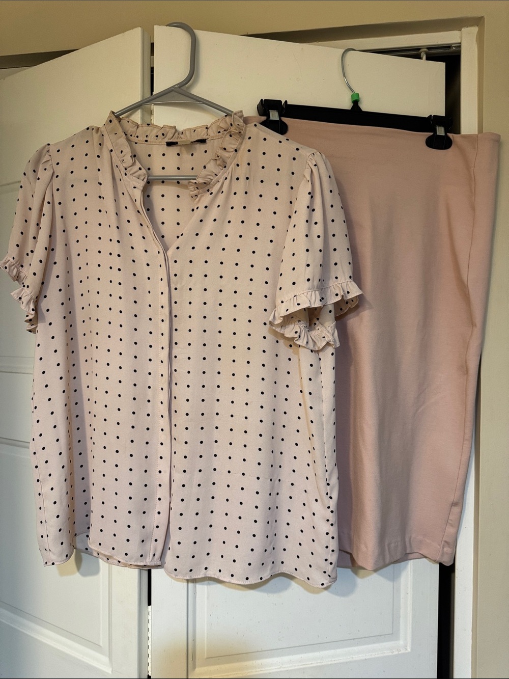 Tahari Light Pink Polka Dot Ruffle Sleeve Blouse & Skirt